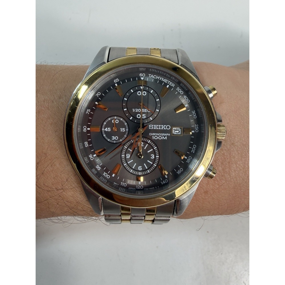 Seiko Chronograph 100M Two Tone Men's Watch 7T92-0PP0 New Battery